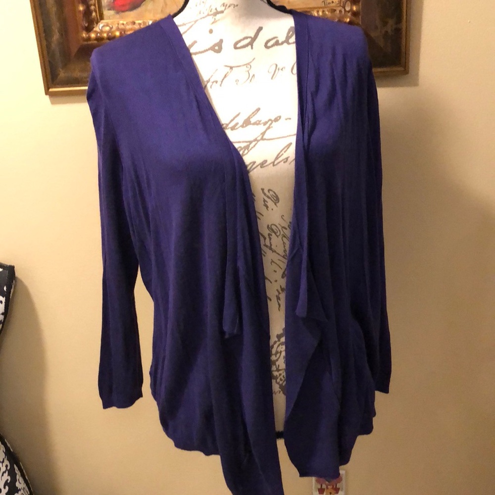 💜 LOFT Dark plum waterfall front open long sleeve lightweight rolled trim cardi